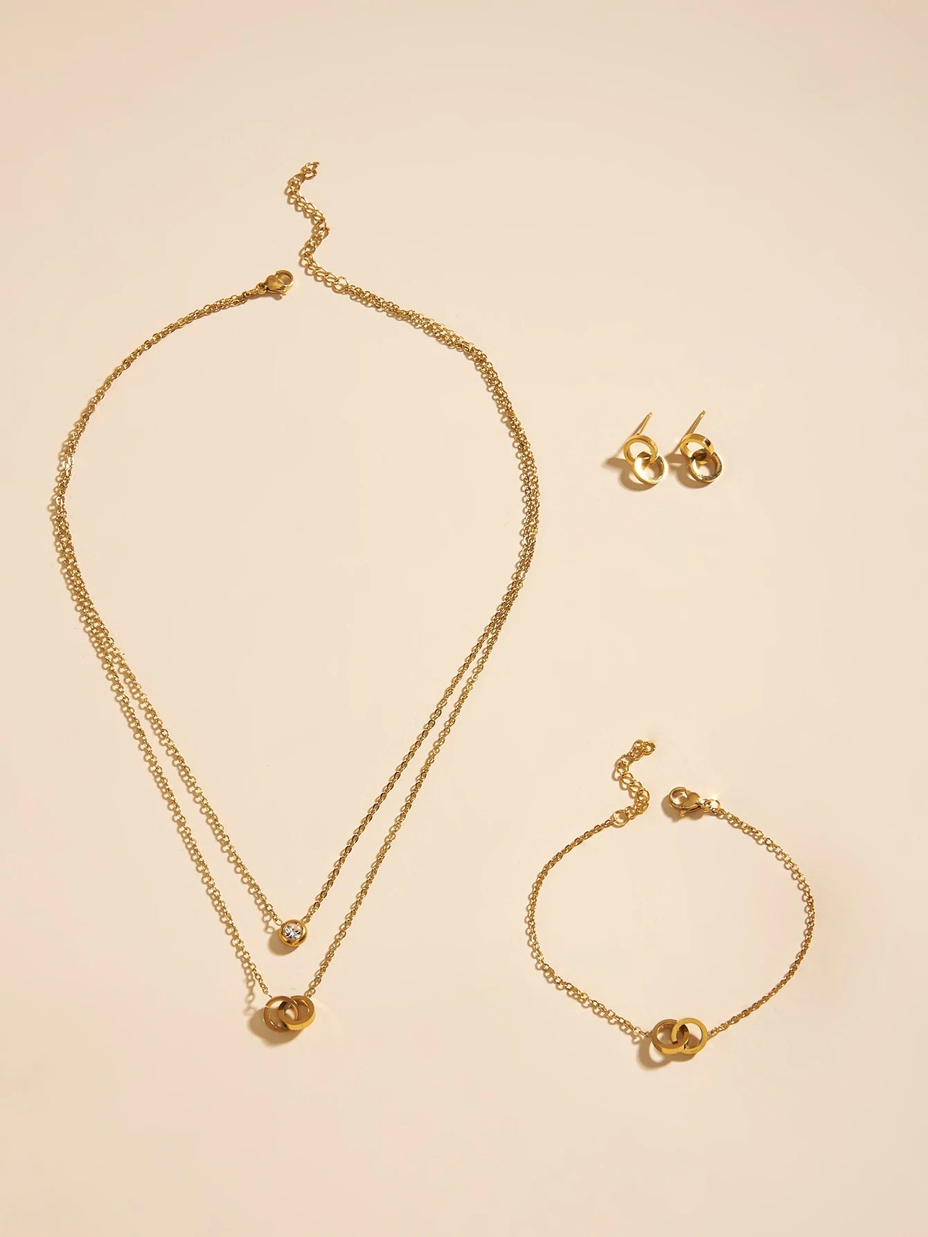 4 Piece women's Stainless Steel Double Loop Buckle Overlay Wear Necklace Bracelet Earrings Birthday Christmas Party Date Gift
